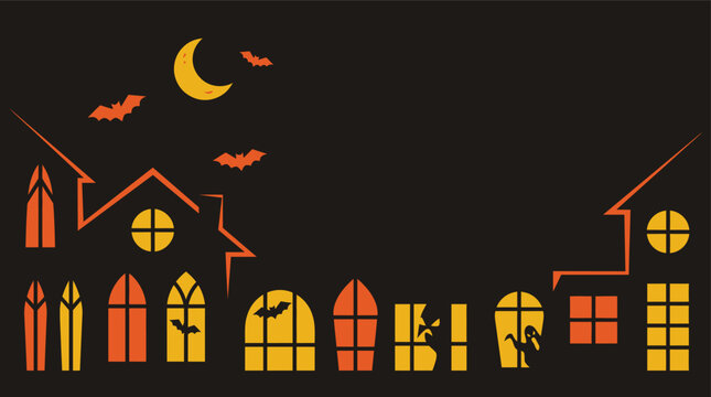 A spooky and delightful halloween night scene with silhouetted houses bats a crescent moon and a glowing jack o' lantern