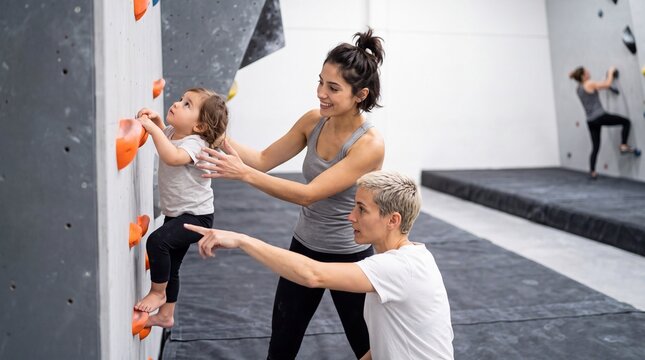 Two mothers spotting their toddler on a bouldering gym wall