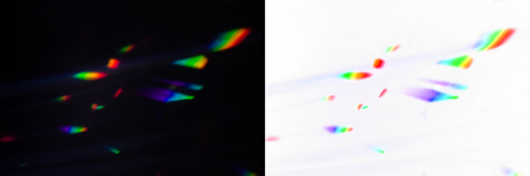 Prismatic light shards rest on a dark horizontal plane, with a transparent PNG version and a black background preview. Lives in an overlay, branding and luxury cosmetic design.