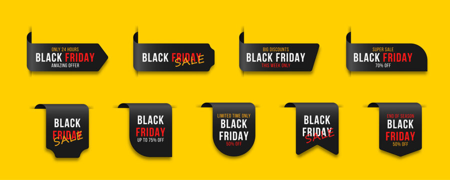 Black Friday promotional tags with discount offers and retail sale messaging.