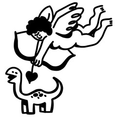 Obraz premium Edgy black-white winged angel archer aiming arrow at dinosaur, surreal bold line art