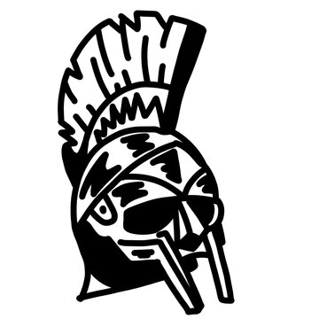 Spartan warrior helmet, bold jagged line art, fierce gladiator spirit, gritty monochrome