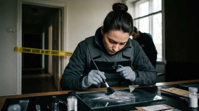 Forensic Scientist Examining Evidence at Crime Scene with Dusting Brush and Gloves