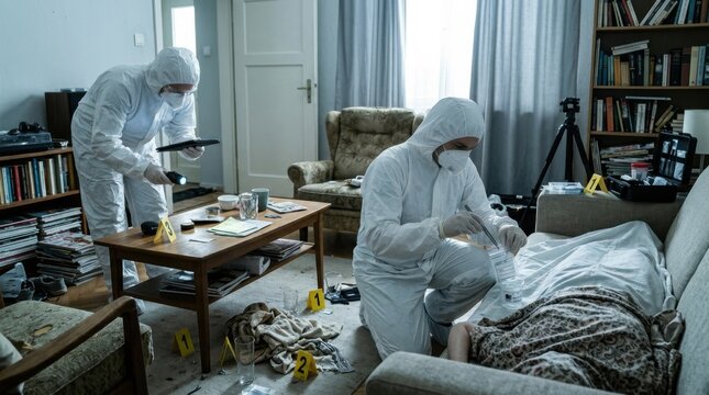 Forensic investigators in protective suits examine a crime scene in a cluttered living room documenting evidence