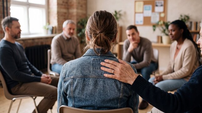 A diverse support group gathered in a circle, offering comfort and encouragement to a woman during a shared discussion.