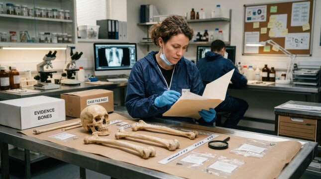 Forensic Scientist Examines Human Remains in Laboratory Studying Bones and Skull for Evidence