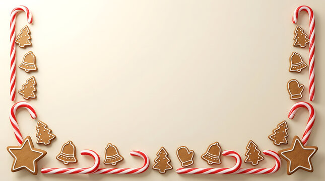 Christmas holiday decoration with candy canes and gingerbread cookies arranged in a festive border on a light beige background
