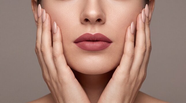 Woman touching her face with manicured hands, highlighting smooth skin, natural beauty, and skincare.