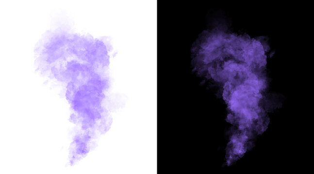 Purple smoke effect on white and black backgrounds, ethereal violet steam vapor for design overlays, atmospheric lavender mist cloud illustration