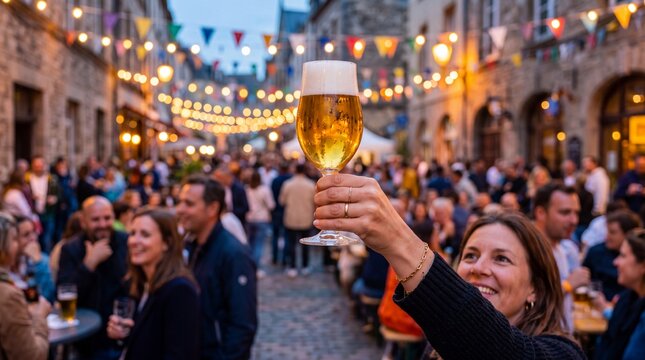 Crowd celebrating at an outdoor festival as a raised beer glass creates a festive atmosphere in a lively city street.