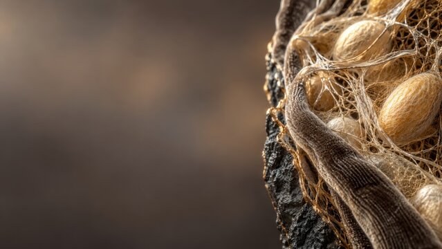Close-up of golden silkworm cocoons entangled in natural fiber threads on wooden surface background