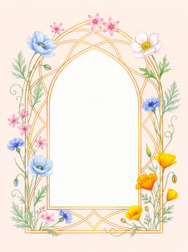 Watercolor wildflower arch frame with gold line border, blue poppies, cornflowers and copy space