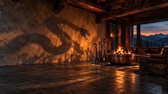 Cozy rustic mountain cabin interior with fireplace casting mythical dragon shadow on textured wall at dusk