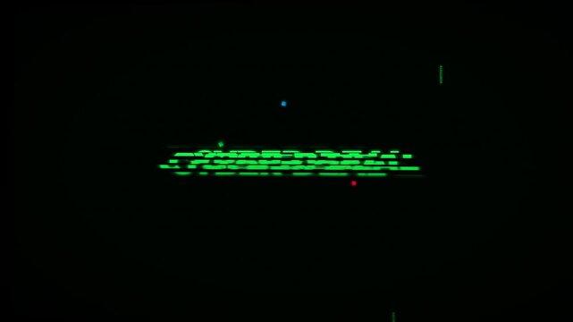Bold CYBER DEAL text shattering into 10 horizontal strips that glitch, scatter and reassemble over green digital code rain with RGB channel split and CRT scanlines, seamless loop, promo video