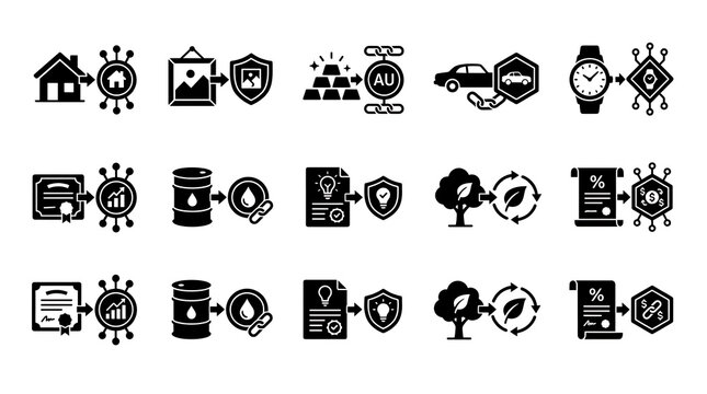 Blockchain tokenization icons set for digital asset management and