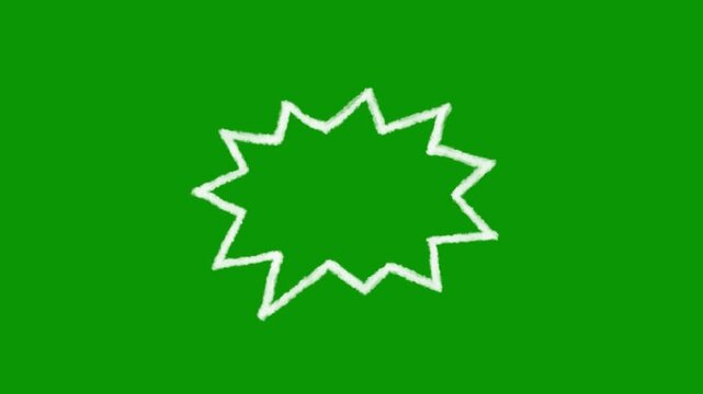 White hand-drawn animated jagged speech bubble on a chroma key green screen background, perfect for adding your energetic text, shouting, and action comic style captions to video footages.