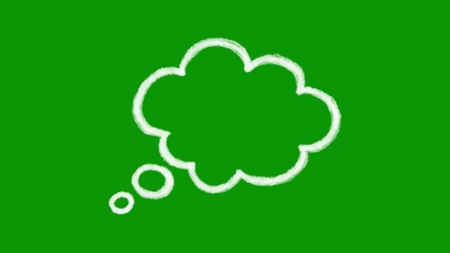 A hand-drawn animated cloud thought bubble in white outline on chroma key green screen background, perfect for adding your creative ideas, thinking, and comic-style captions to footage clip.