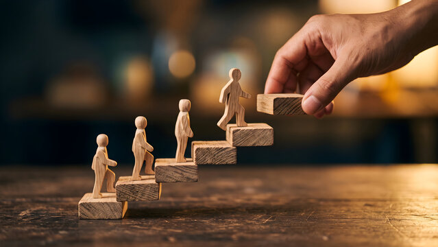 Hand assisting wooden figures up steps, symbolizing a pathway to career growth, mentorship, and opportunities for progression, highlighting leadership and supportive development