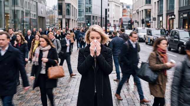Woman with cold symptoms covering her face while walking through a crowded city street.