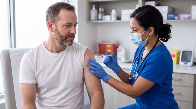 Nurse administering a vaccine to a man in a clinical setting, representing immunization, healthcare, and disease prevention.