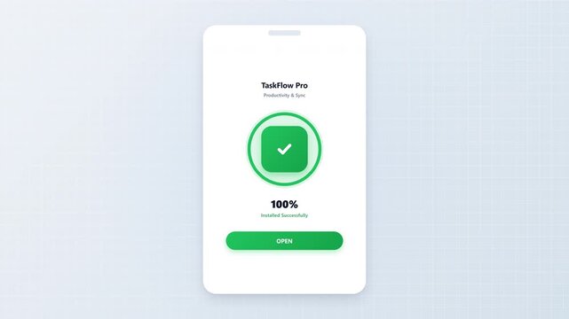 Clean modern 2D UI animation showing a smartphone screen downloading and installing a mobile application with a circular progress indicator, smoothly transitioning to a green success state.