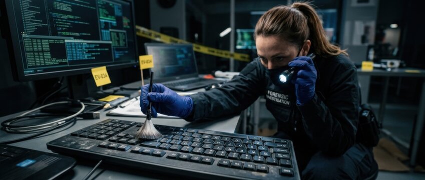 Forensic investigator dusting computer keyboard for fingerprints at crime scene digital forensics concept