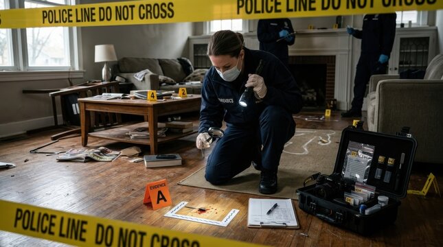 Forensic investigator examines evidence at crime scene with police tape and chalk outline