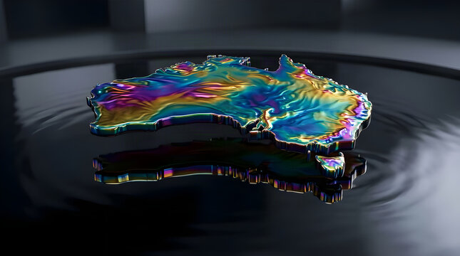 Abstract iridescent map of australia reflecting on dark rippled water with abstract geography colorful country reflection water floating map digital art holographic texture glowing map