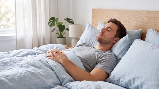 Man resting in bed at home, appearing unwell and recovering under a blanket.