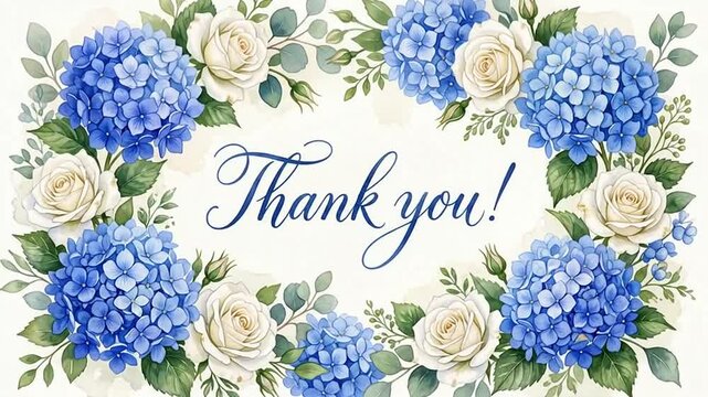 Blue Hydrangeas And White Roses Frame Thank You Message