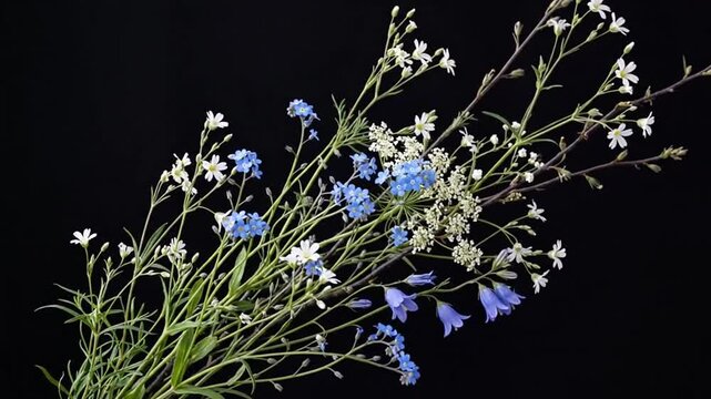 Beautiful bouquet of blue and white wildflowers arranged against black background