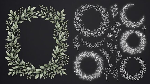 Botanical leaf frames and white floral sketches drawing on dark surface