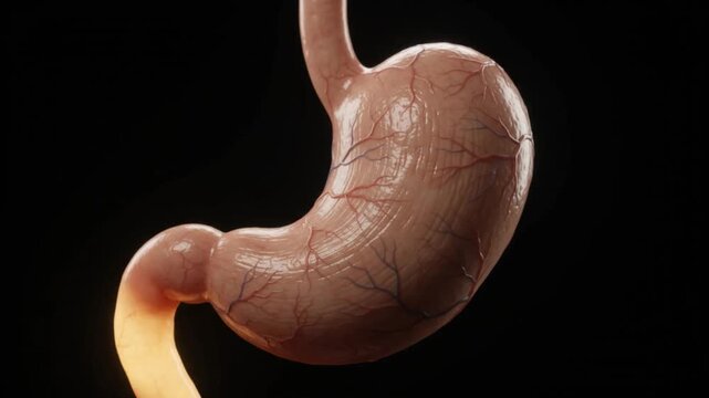 Anatomical Stomach Anatomy Close Up Visuals with Glowing Blood Vessels and Curved Shape in Dark Background