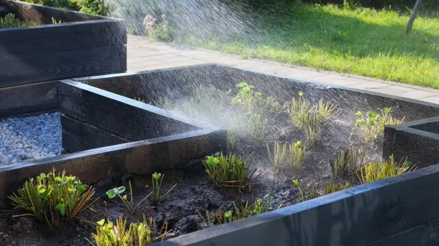 Watering newly planted seedlings in dark wooden raised garden bed on sunny day, with green grass and gravel in background.