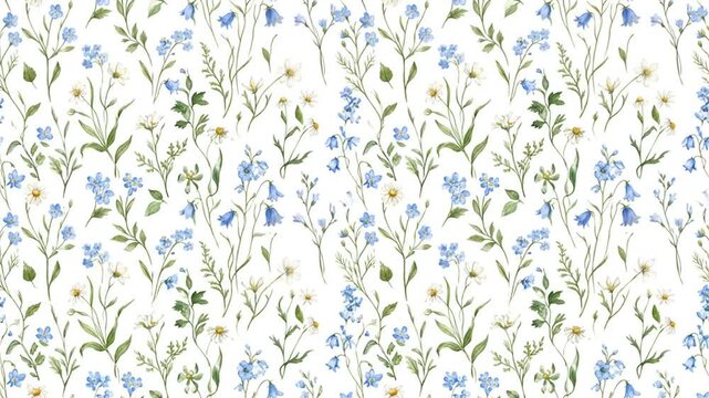 Watercolor blue and white wildflower pattern moving on white background