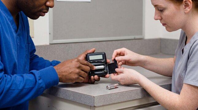 Healthcare workers replacing a dead battery in a pager