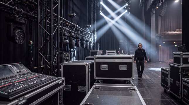 Stage equipment and road cases arranged backstage at a concert venue with dramatic lighting and production gear.
