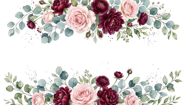 Watercolor floral arrangement with pink roses and burgundy flowers framing white background