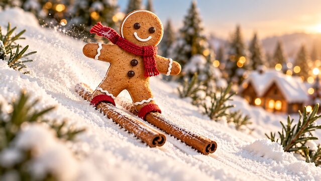 A cheerful gingerbread character in funny winter adventures with festive details for Christmas and New Year.