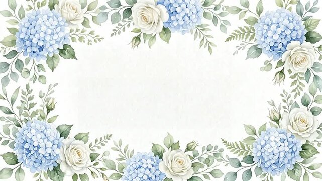 Watercolor floral frame with blue hydrangeas and white roses