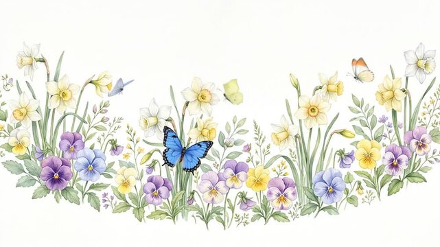 Watercolor spring floral border with blooming flowers and butterflies