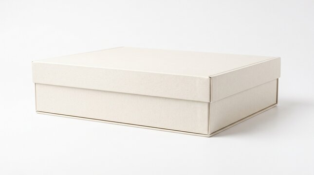 Empty and simple off-white rectangular box with a lid, isolated on a pristine white background, offering a clean, customizable canvas for various packaging, gifting, or storage needs