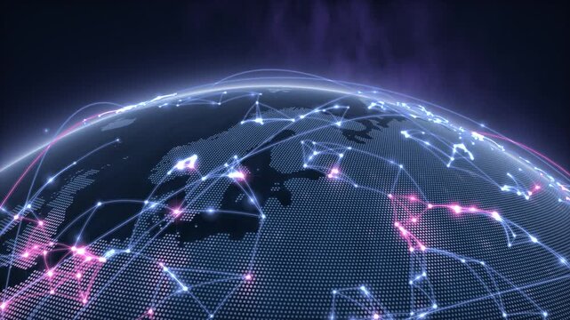 Purple Digital Earth Over Europe With Glowing City Network Nodes