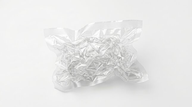 Clear plastic vacuum sealed food storage bag with wrinkled texture isolated on a plain light surface for commercial product packaging