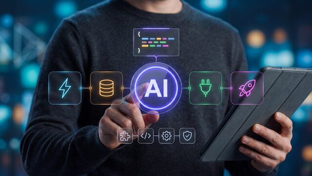A programmer creates application and website code using an AI assistant, employing the vibe coding concept alongside no-code and low-code methods.