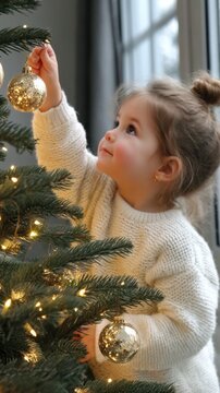 Happy kid enjoys holiday sparkle, Playful young boy gazes at Christmas lights excitedly, An eager toddler delights in shimmering decorations of joyful holiday setting