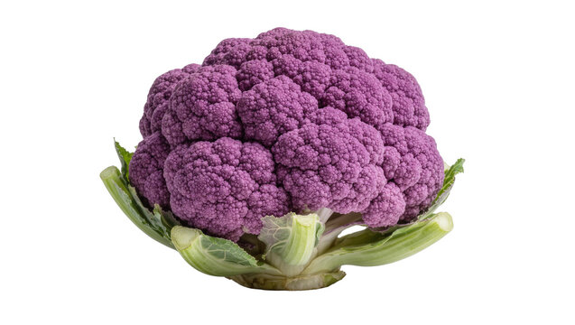 Vibrant purple cauliflower with green leaves, isolated on transparent background