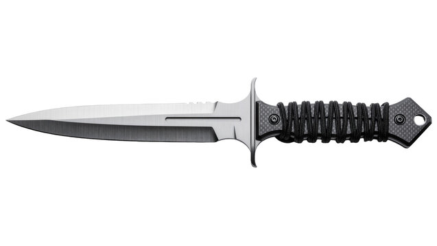Tactical combat knife with serrated blade and black paracord wrapped handle, isolated on transparent background