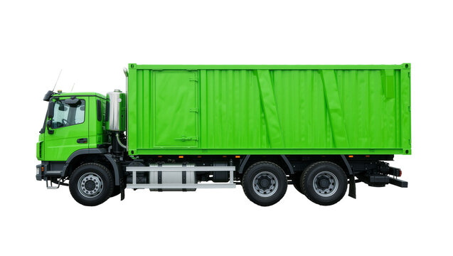 Bright green truck with large cargo container, isolated on transparent background