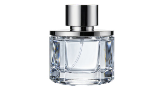 Clear liquid perfume bottle with silver cap, isolated on transparent background